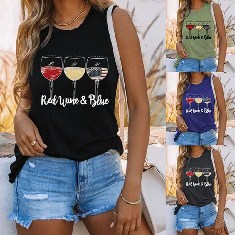 New summer European and American RedWineBlue letters red wine glass printing retro round neck sleeveless vest T-shirt