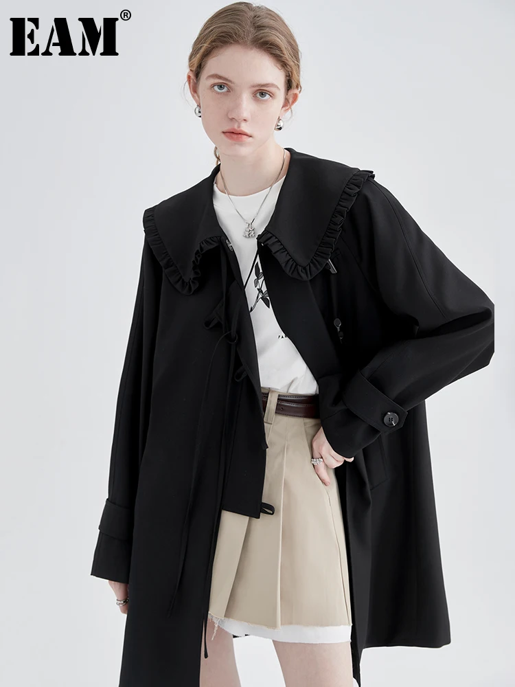 

[EAM] женский черный Тренч с пряжкой большого размера, новая свободная ветровка с отворотом и длинным рукавом, модная весенне-осенняя 2022 1DE6844