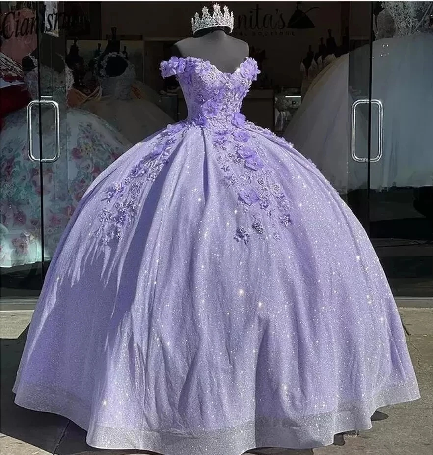

ANGELSBRIDEP Lavender Ball Gown Quinceanera Dresses 15 Years Sexy Off-Shoulder 3D Flower Tulle Formal Princess Birthday Gowns
