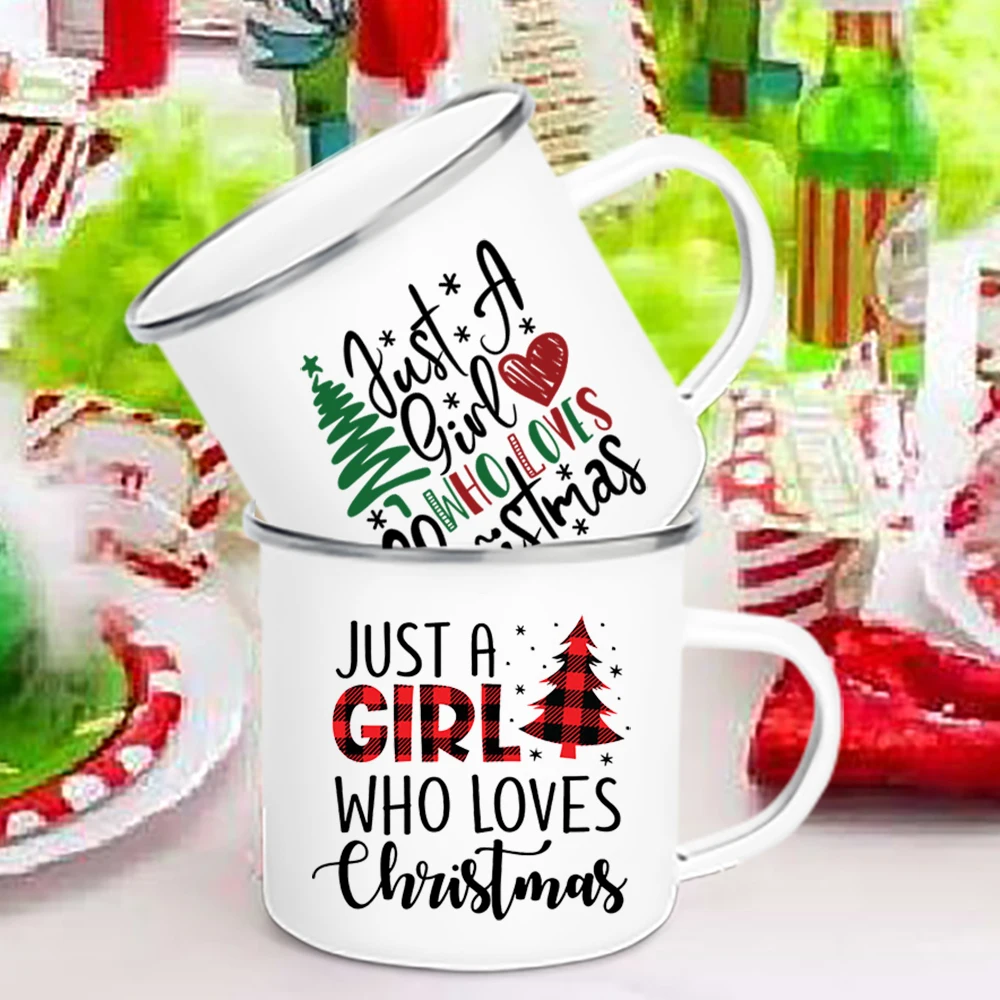 

Just a Girl Who Loves Christmas Print Coffee Mug Enamel Beer Cup Handle Hot Milk Mugs Decoration Memorial Gift for Her