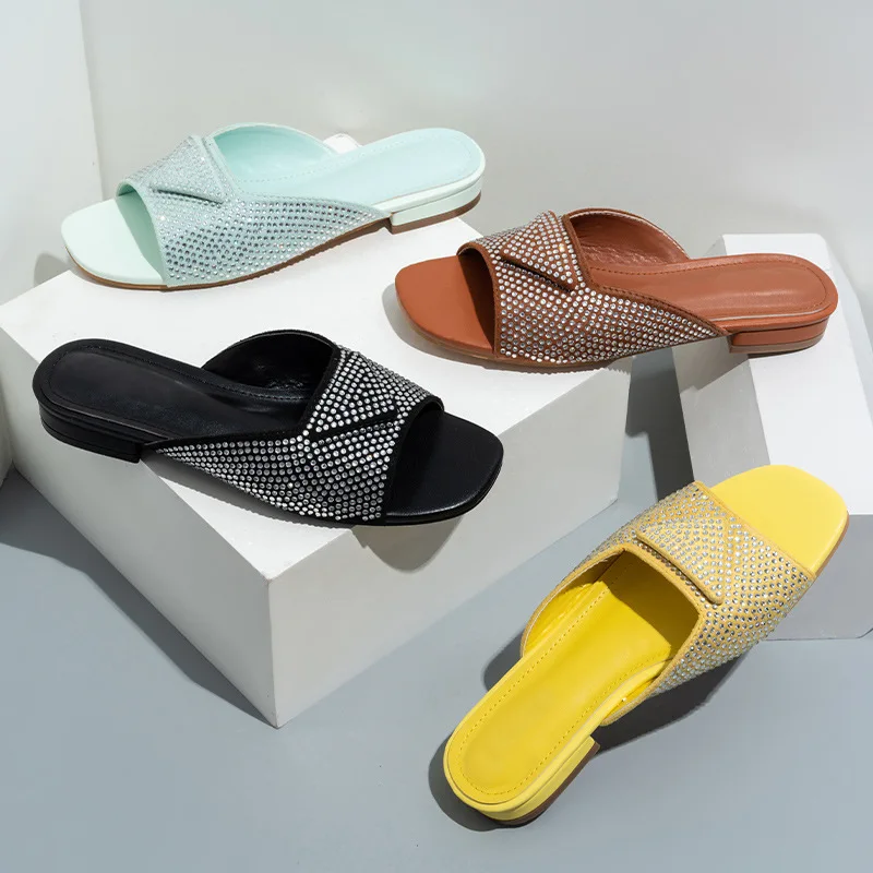 2023 Square Toe Crystal Flat Slippers Women Summer Black Comfy Shoes Female Dress Slides Outfit Party Casual Sandals Plus Size
