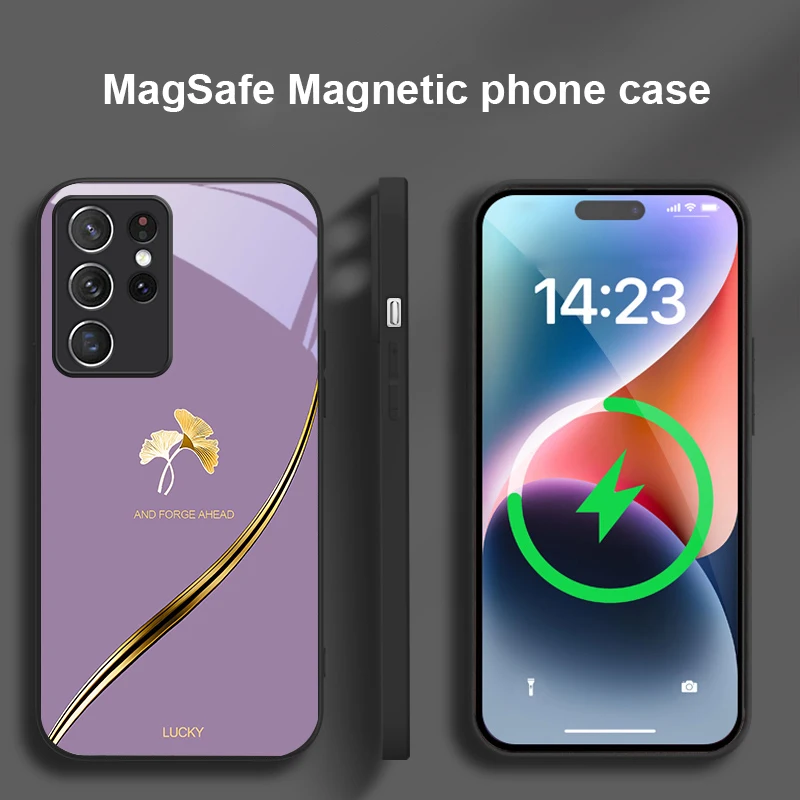 Фото Золотая фольга с листьями гинкго для Samsung S 25 S25 Edge S25Ultra S8 9 10 20 S21 Pro S22 Plus S23 FE S24 Ultra Magsafe Glass Phone Case №4