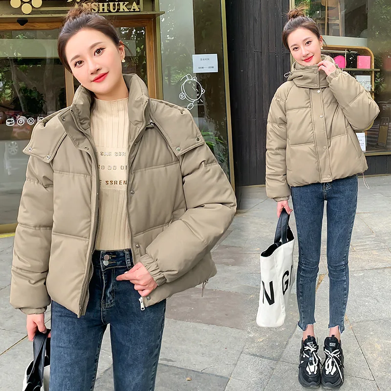GRELLER Leather Winter Women Hooded Down Jacket Casual Long Sleeve Zipper Short Outerwear Female Korean Warm Loose Students Coat