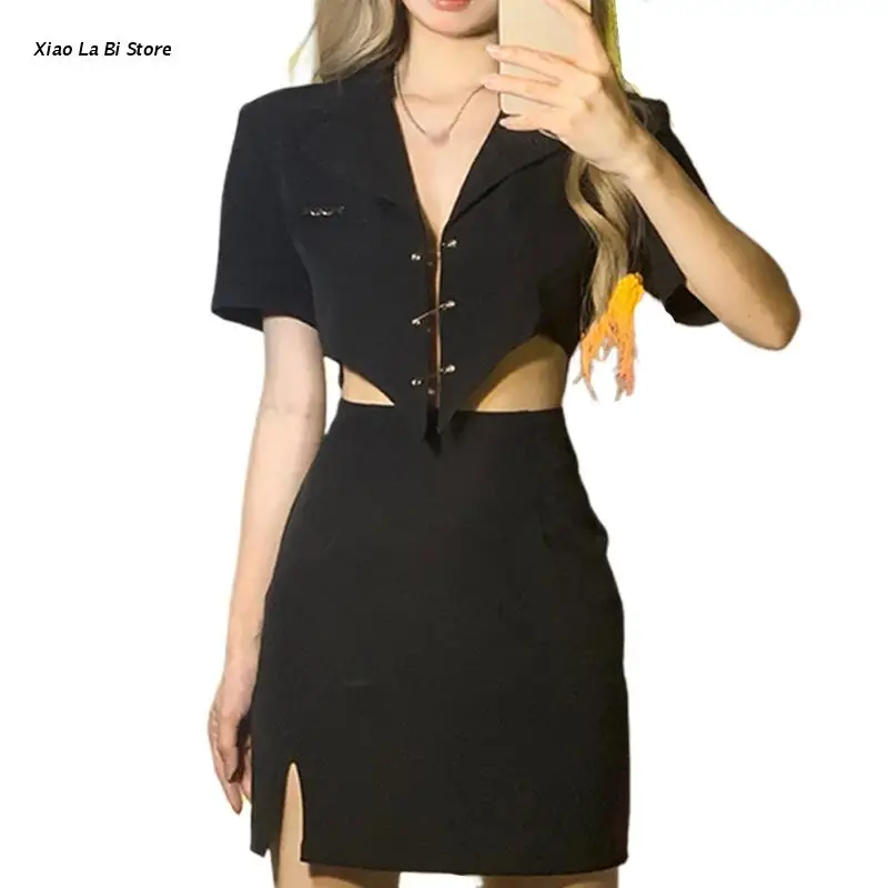 

XXFD Fashion Women Casual Dress Deep V Neck Waist Hollow Out Bodycon Solid Outfits for Daily Bar Party Wedding Summer Dating