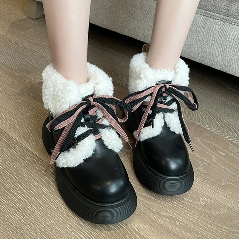 

Snow Boots Women Flats Ankle Fur Shoes Winter Casual Lace Up Chelsea Boots 2024 Short Plush New Brand Women Platform Warm Shoes