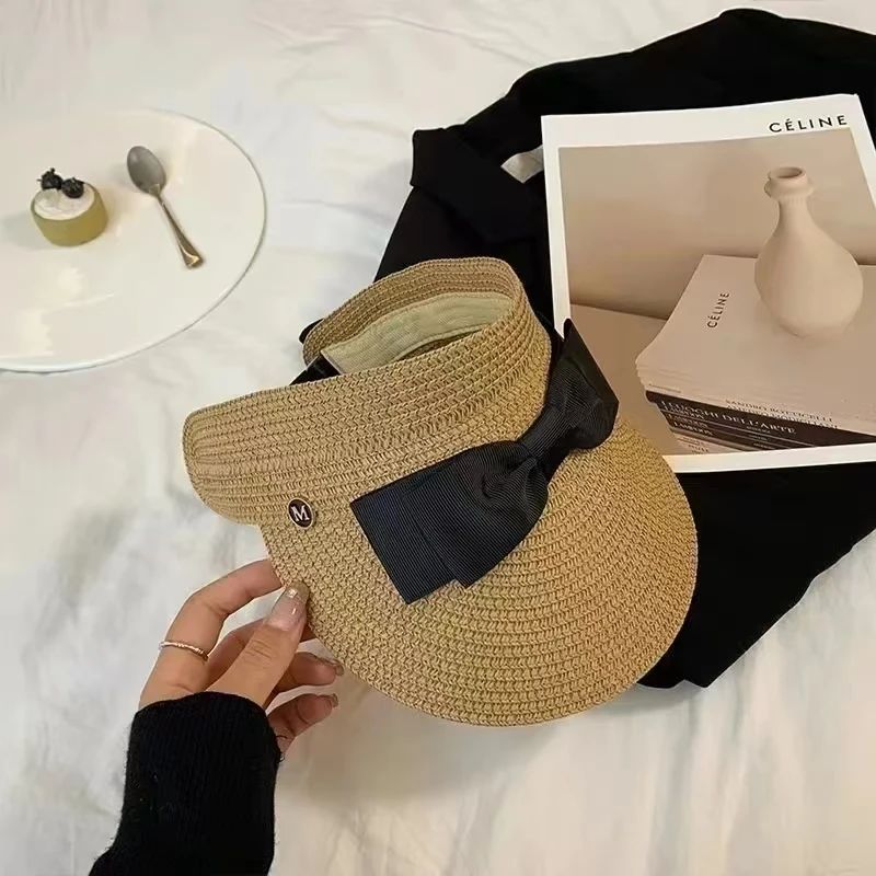 Sombrero de paja tejido с lazo для женщин gorra sol visera ancha анти-УФ Пляжная свободная летние