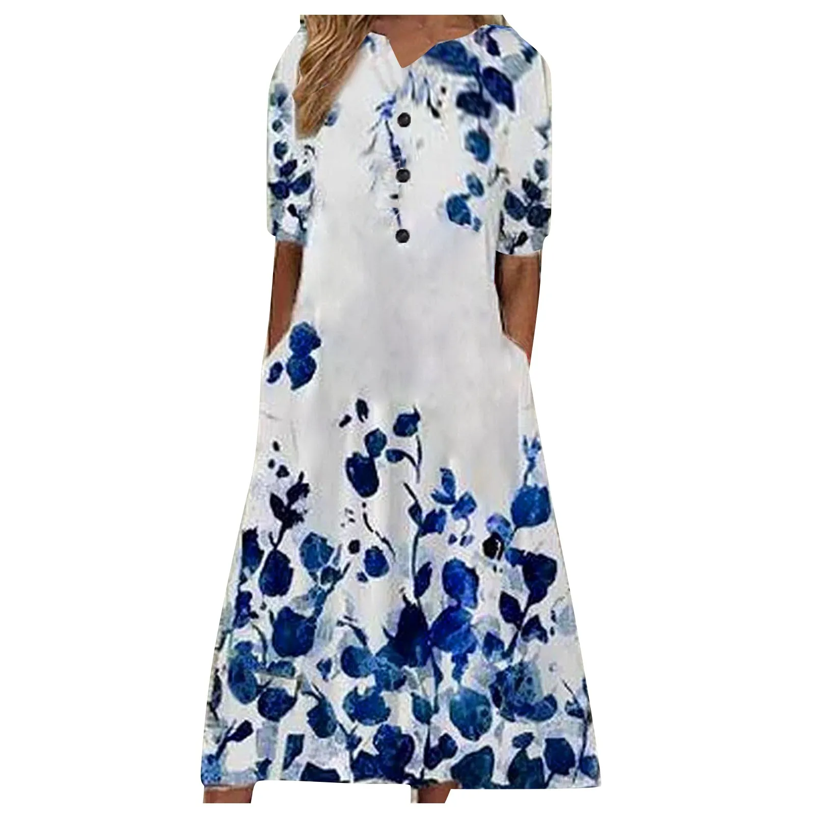 

Vintage V Neck Pocket Women Maxi Dress Summer Flower Print Short Sleeve Loose Mini Dresses Casual Lady Dress Femme Vestido