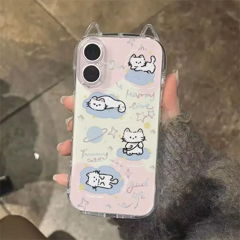 Фото Прозрачный чехол для iPhone 17 16 15 14 13 Pro Max Mini с милым мультяшным принтом кошки, с кошачьими ушками, противоударный, пылезащитный, защитный чехол №3