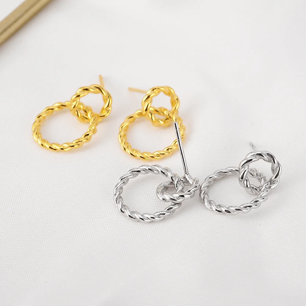 

Youth of Vigor Rope Pattern Interlocking Rings Solid 925 Silver Piercing Earrings 18K Gold Polished Ear Studs E1030