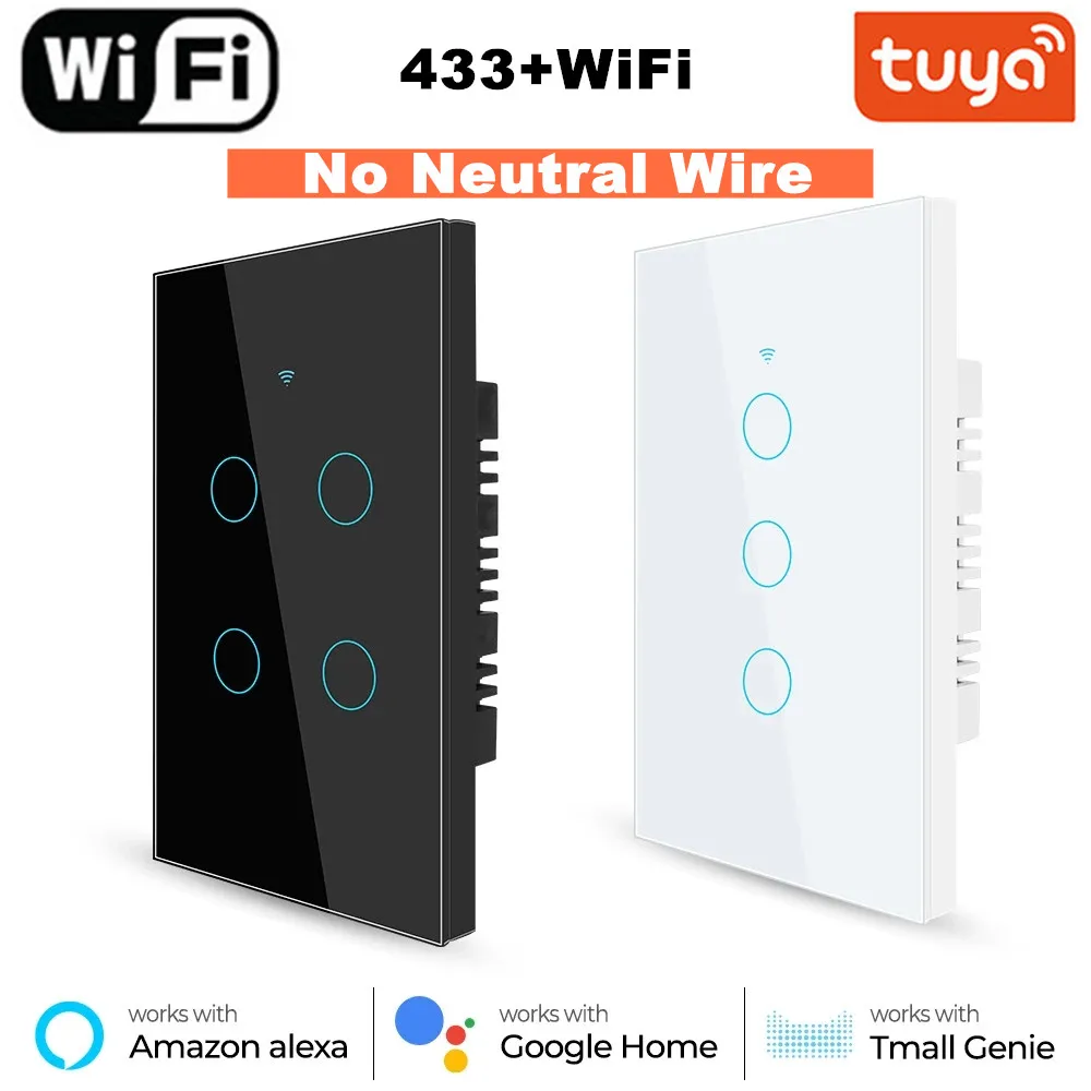 

Wifi Smart Touch Wall Switch Light Tuya No Neutral Wire 110V 220V 1/2/3/4 Gang RF Remote On Off For Alexa Google Home 433MHZ