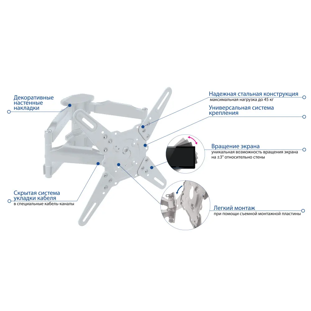 ТВ Кронштейн Kromax ATLANTIS-45 White (Наклонно-поворотный кронштейн угол наклона +5 -15° для