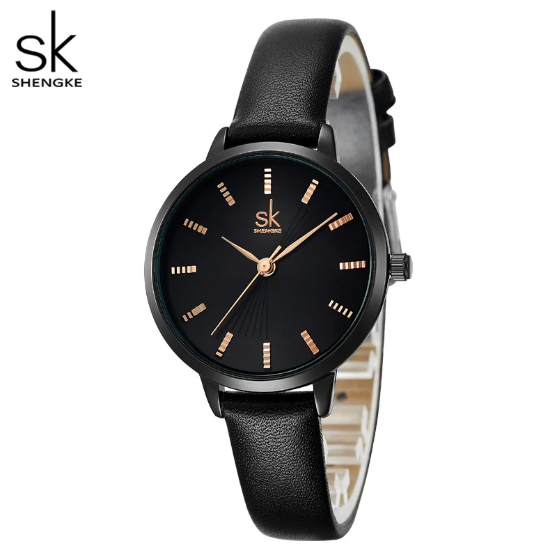 

Часы SHENGKE SK женские кварцевые, Роскошные наручные, с кожаным ремешком, оригинальный дизайн, с бриллиантами, черные