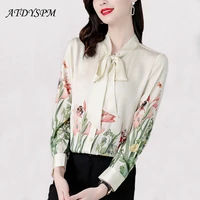 floral printed women silk shirts blouses elegant bow tie long sleeve single breasted straight office tops shirts blusa feminina