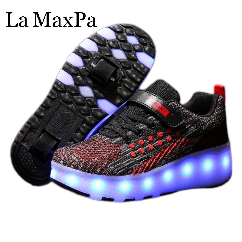 

Детские светящиеся кроссовки со светодиодной подсветкой, для мальчиков, Двойные колеса, роликовые коньки, обувь со светодиодной подсветкой...