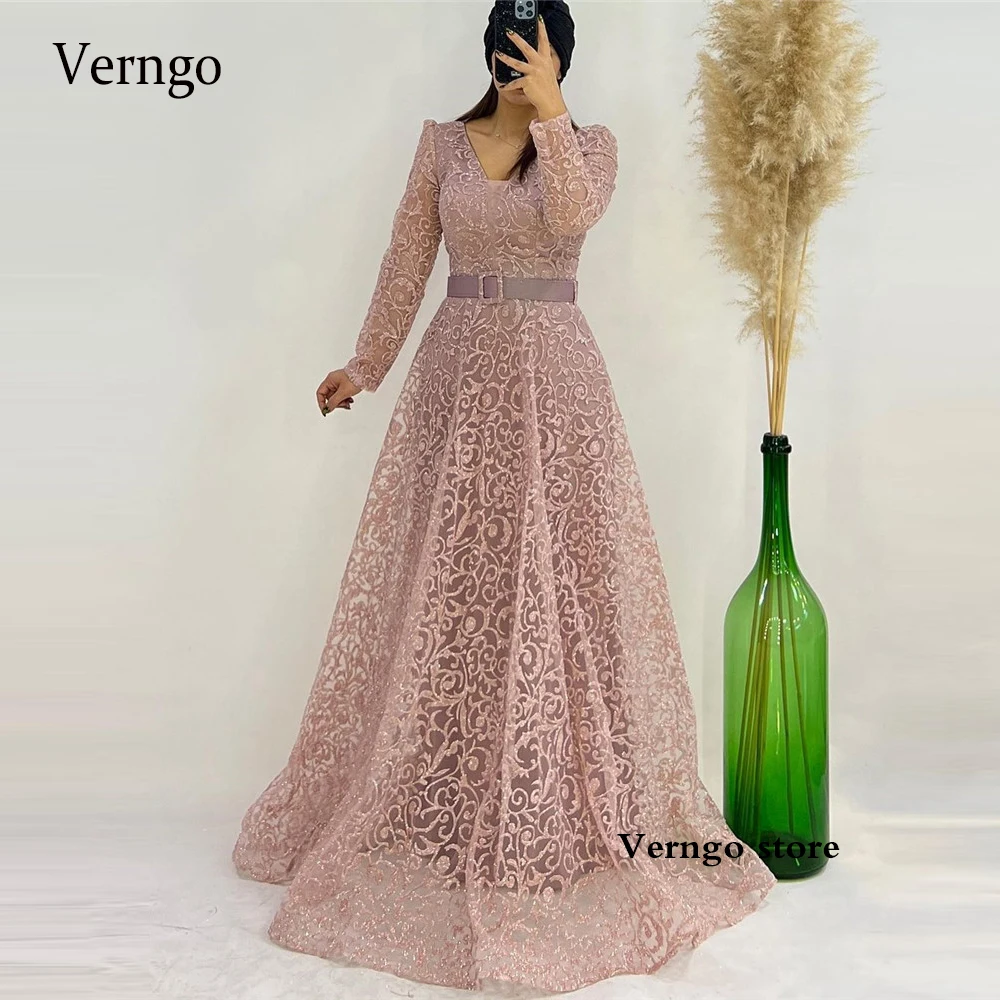 

Verngo Modest A Line Dusty Pink Lace Evening Dresses Long Sleeves V Neck Floor Length Dubai Arabic Women Formal Prom Gowns