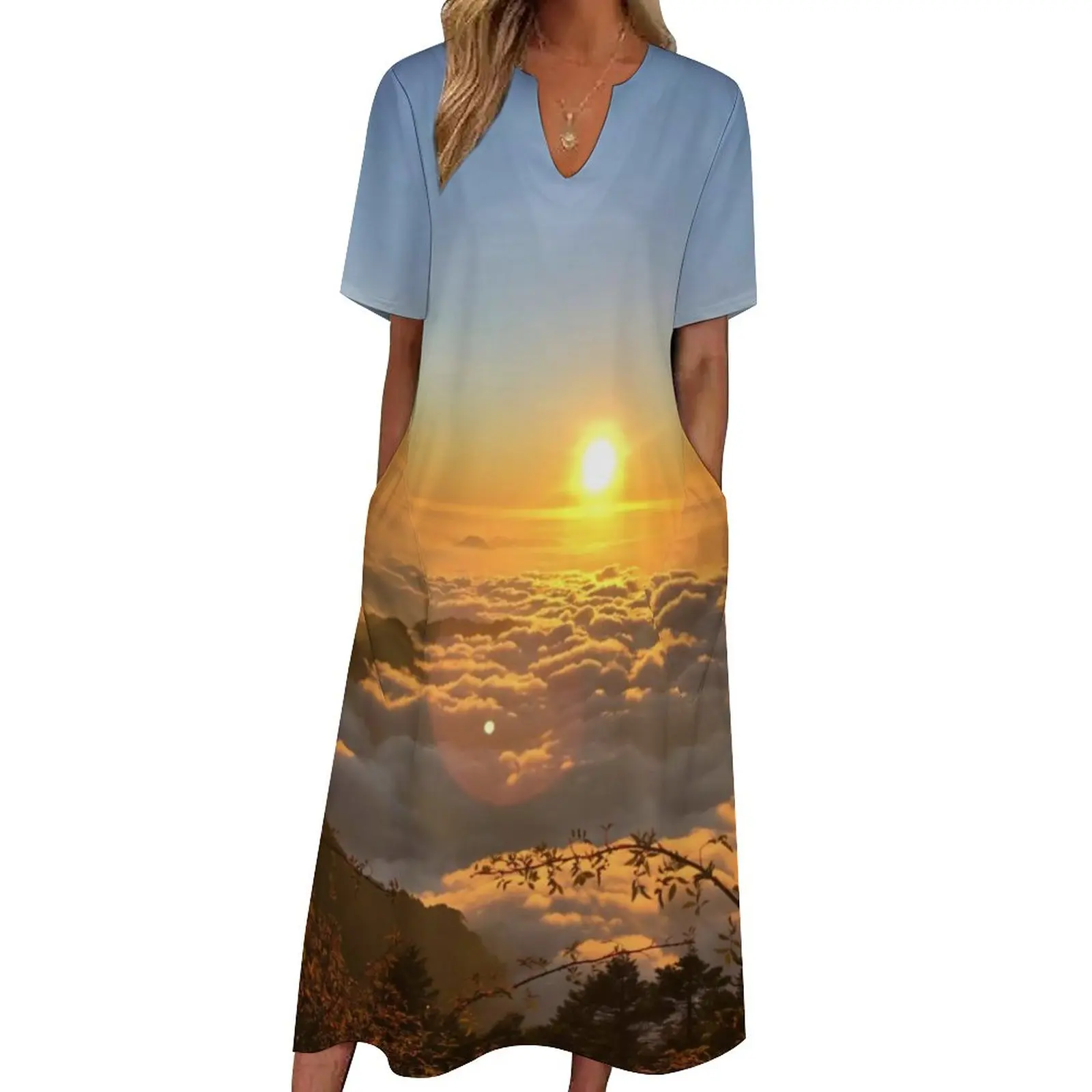 

Hehuan Mountain Dress Sunset Print Cute Maxi Dress V Neck Graphic Boho Beach Long Dresses Aesthetic Oversized Vestido