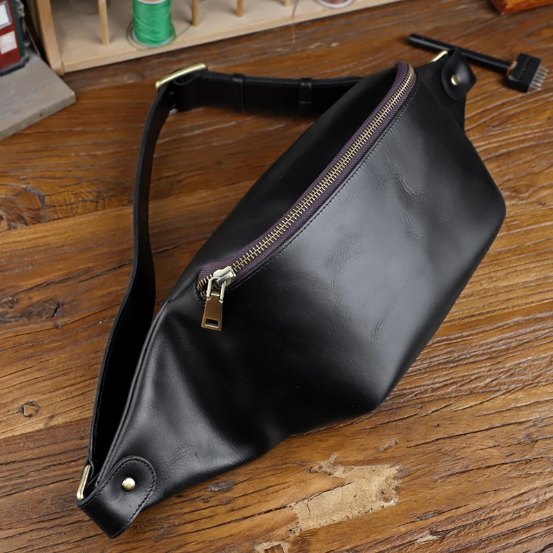 Genuine Leather Vintage Male Chest Bag Large Capacity Men's Messenger Shoulder Bag Simple Sports Travel Waist Belt Pack