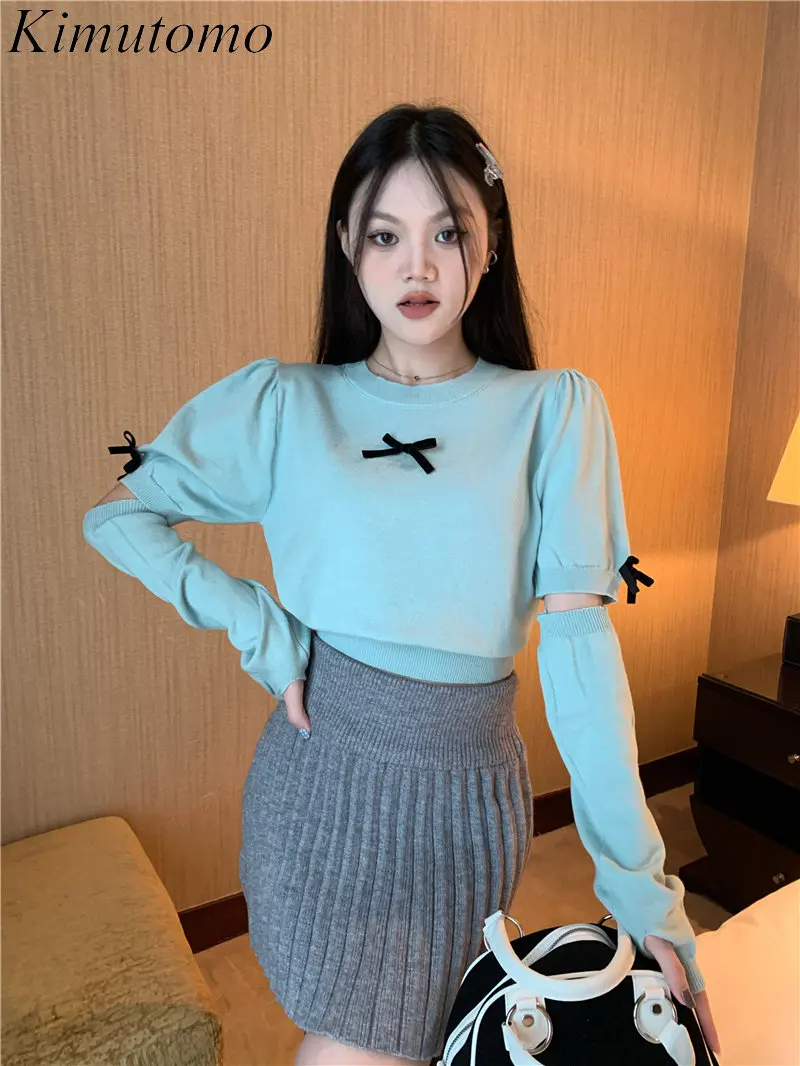 

Мягкий свободный Однотонный свитер Kimutomo с вышивкой и бантом, Женский винтажный трикотажный пуловер с круглым вырезом и пышными рукавами, но...