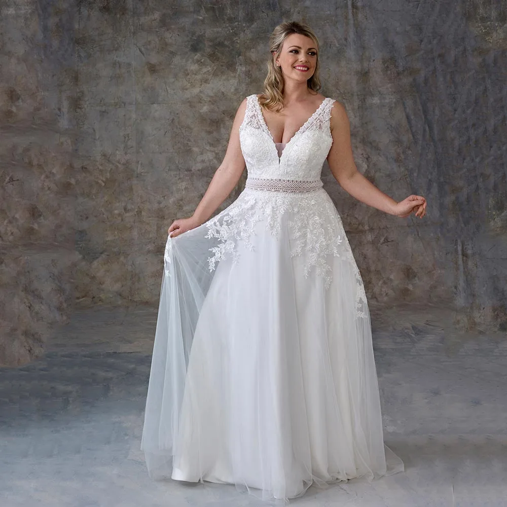 

Sexy V-Neck Wedding Dresses Plus Size Sleeveless Empire Bride Gowns Tulle With Lace Applique A-Line Sweep Train Vestido De Novia