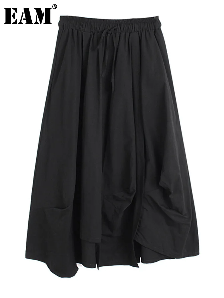 

[EAM] High Elastic Waist Black Irregular Drawstring Long Half-body Skirt Women Fashion Tide New Spring Autumn 2022 1DE7251