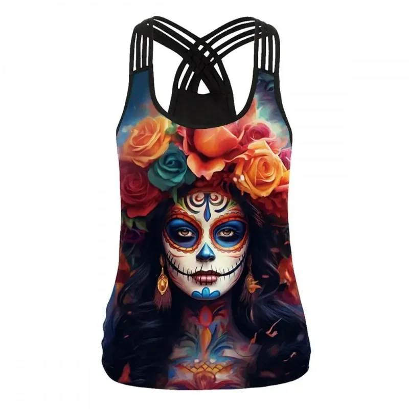 Майка женская черная с круглым вырезом жилет без рукавов принтом День мертвых