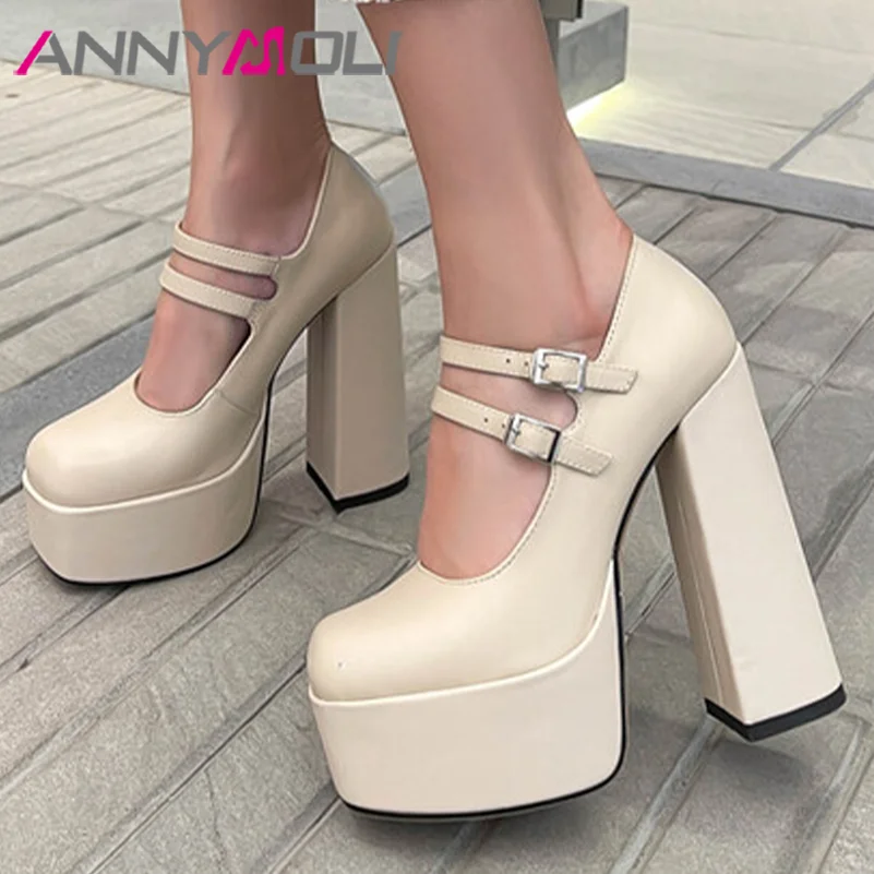 

ANNYMOLI Women Genuine Leather Pumps Fashion High Hoof Heels Square Toe Mary Janes Party Spring Autumn Shoes Black Apricot 34-40