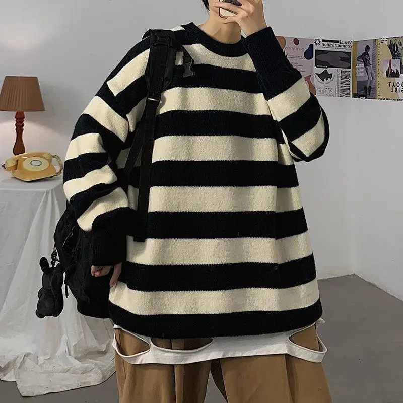 DIMI Winter New Woman Casual Pullovers Korean Streetwear Male Fashion Warm Clothing Men's Loose Stripe Sweaters