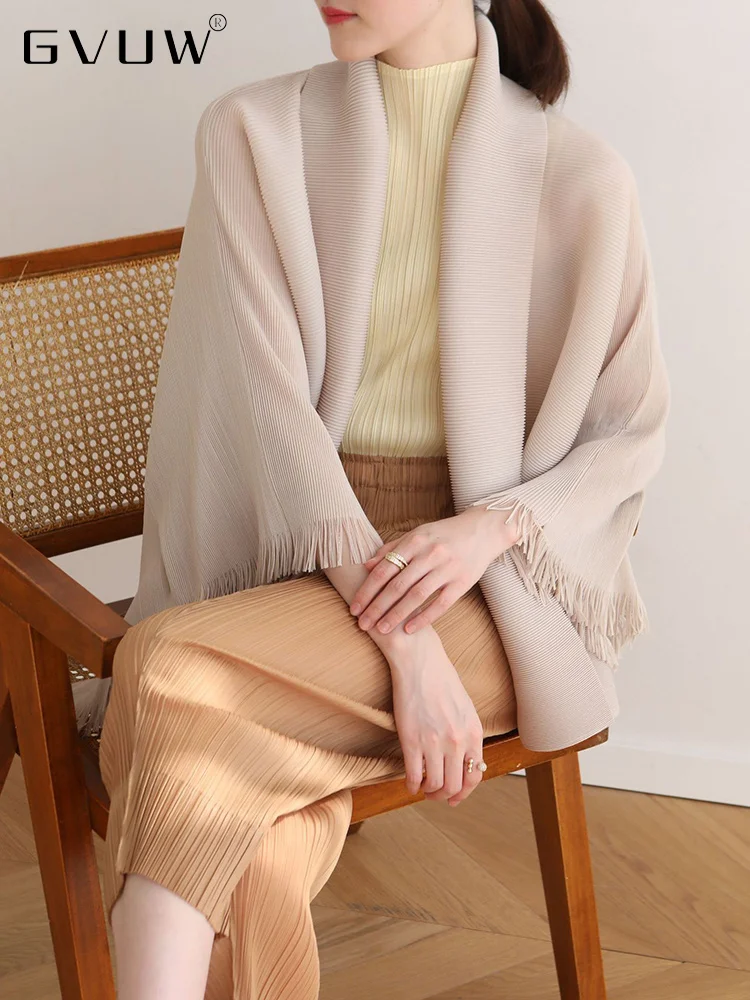 

GVUW Irregular Pleated Women Tassel Loose Solid Batwing Sleeve Open Stitch Lapel Female Fashion Clothing 2023 Autumn New 25D1124