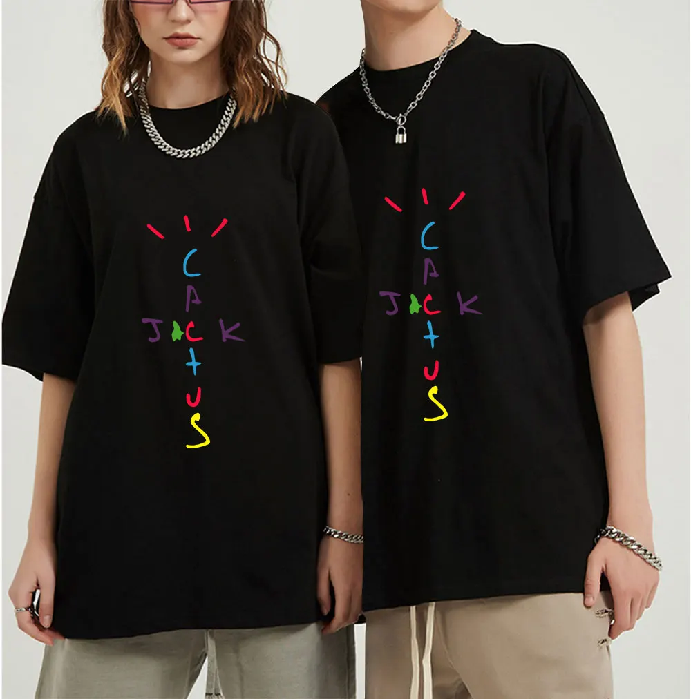 

Rapper Travis Scott Cactus Jack Rainbow Alphabet Print T-Shirt Hip Hop Quality Cotton Short Sleeves Men Wome Oversized Tops