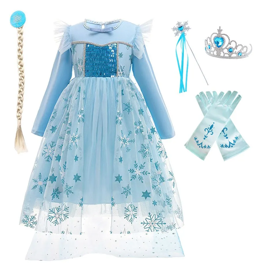 

Little Girls New Elsa Clothes Children Princess Birthday Printing Vestidos Kids Pageant Snowflake Dress Dance Fancy Clothing