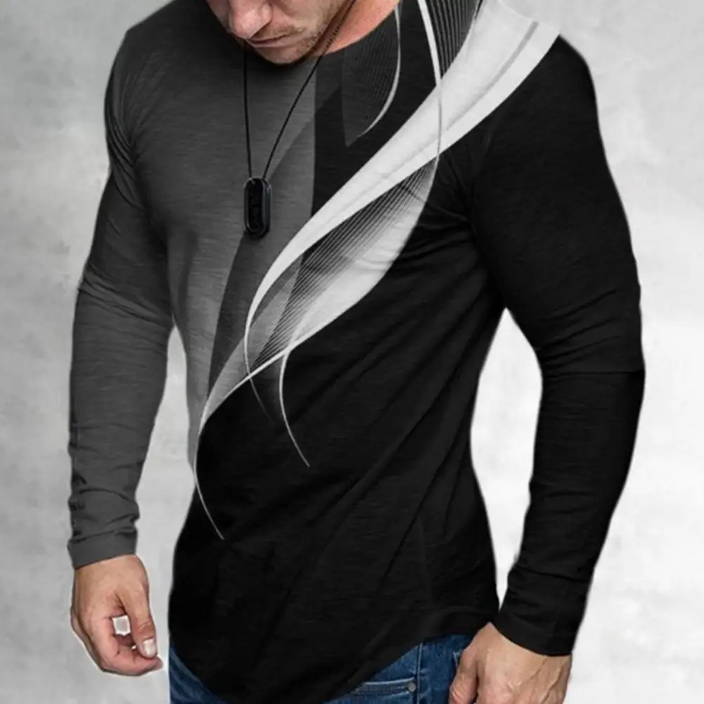 

Men T-shirt Abstract Pattern O Neck Slim Fit Spring Shirt for Daily Wear