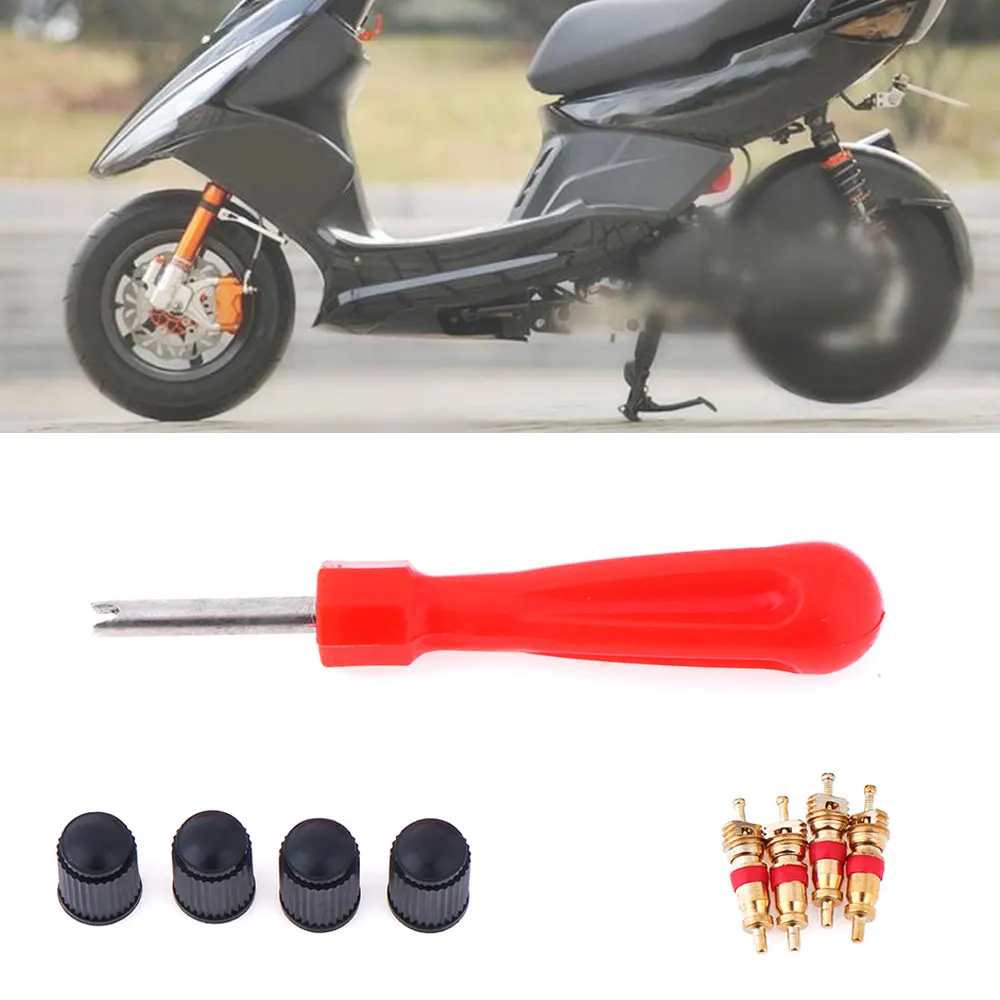 

1 Set Tire Valve Service Kit 4 Valve Cores 4 Valve Caps 1 Valve Stem Screwdriver Tire Repair Tool for Car Motorcycle Bus Truck