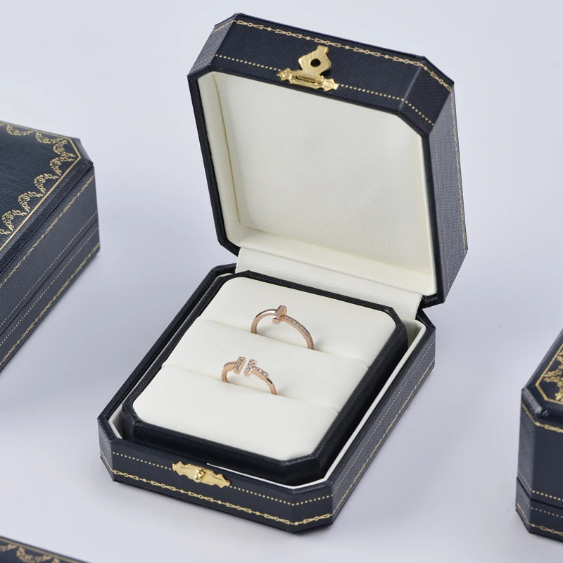 Oirlv Vintage Jewelry Box PU Leather Octagonal Snap Closure Vintage Jewelry Boxes Original Design Royal Blue 2 Rings Box Jewelry