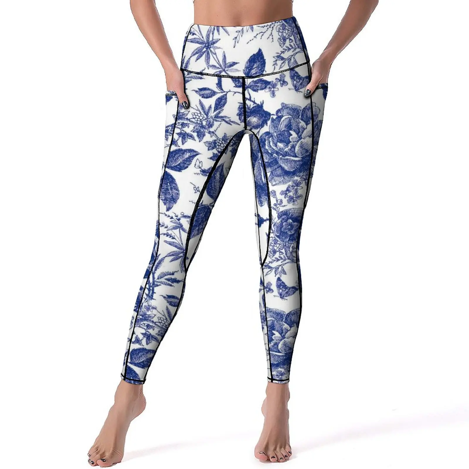 

Butterfly Leggings Vintage Blue Flower Workout Yoga Pants Lady High Waist Breathable Leggins Sexy Stretch Graphic Sports Tights