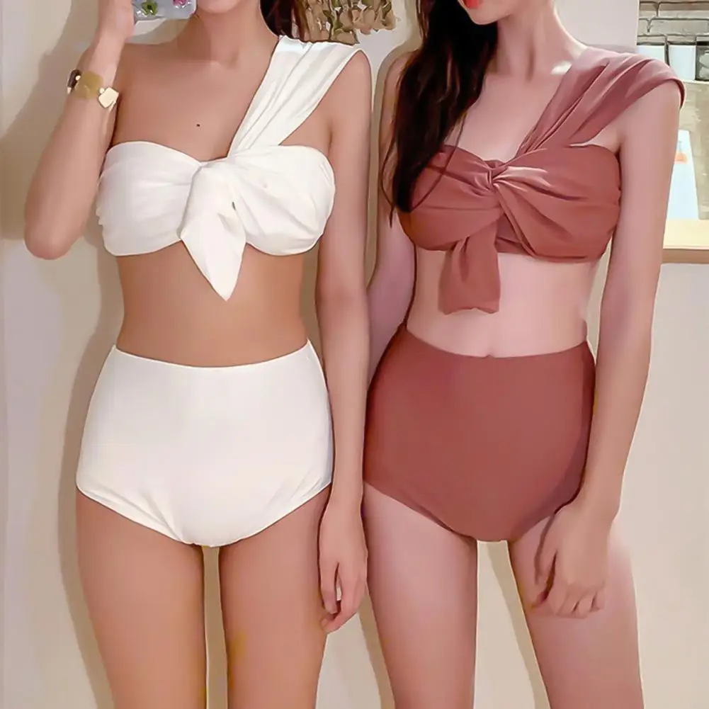 

Women Bikini Two-piece Pleat Design Sloping Shoulder Strap Polyester Girl Sexy Split Swimwear for Vacation Swimming Beachwear