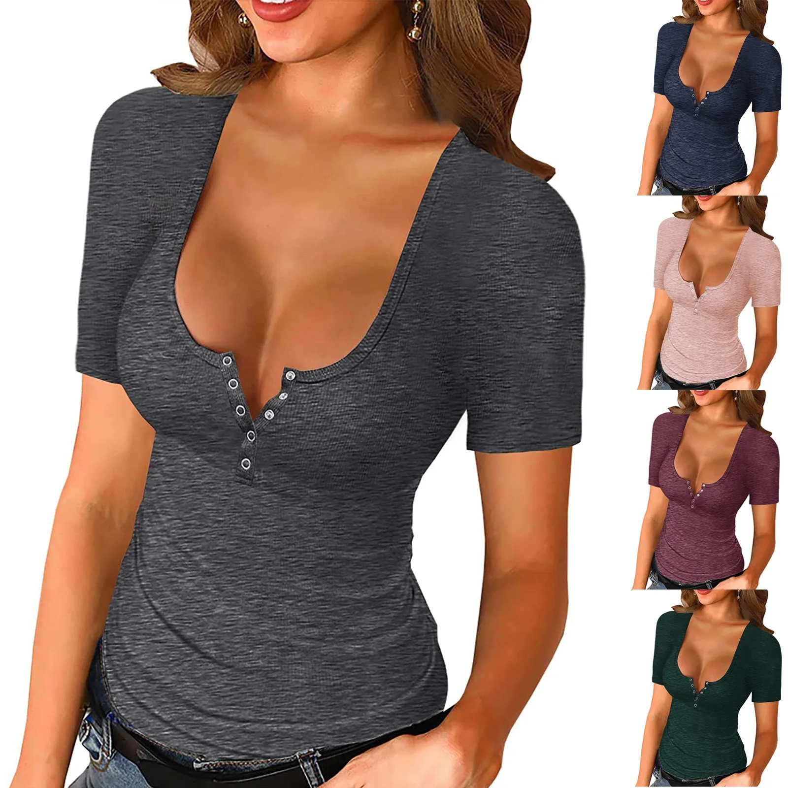 

Women's Solid Color Blouse Long Sleeve Sexy Square Collar Buttons Low-Cut Ladies Casual Slim Autumn Wild Base Daily Shirt