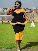 patchwork color block dress for women peplum short sleeve v neck midi dresses 2022 elegant african summer office ladies fashion
