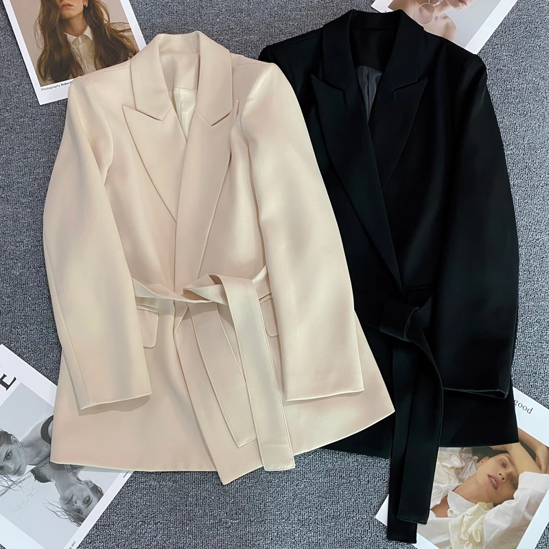 

Spring Autumn Women Blazer Jacket Solid With Belt Turn-Down Collar Long Sleeve Suit Coat Slim Fit Temperament OL Female Coat