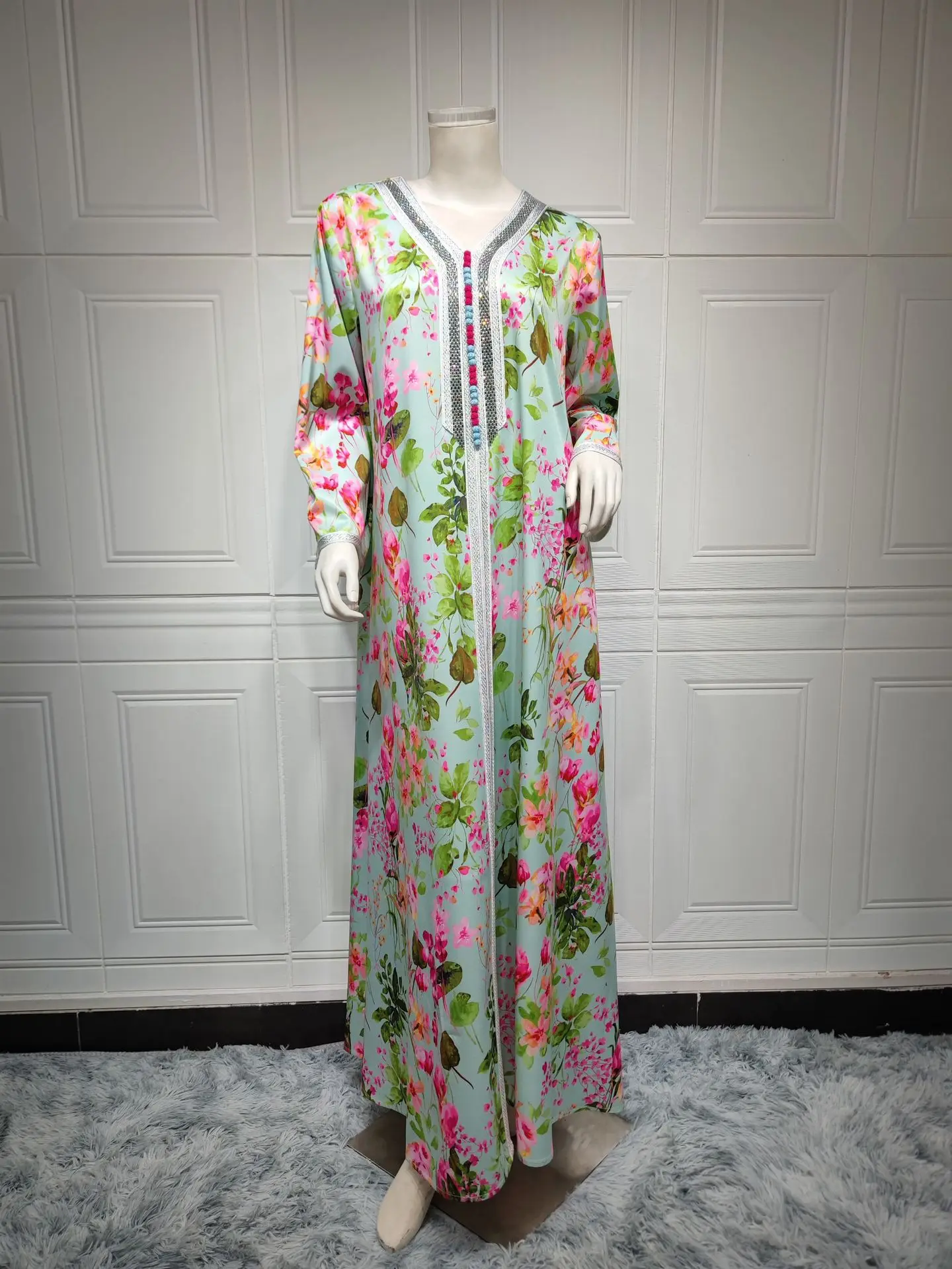 Spring Ethnic Floral Printed Long Dresses Musilim Fashion Diamonds V-Neck Lace Tape Dress Eid Mubarak Modest Clothing Women