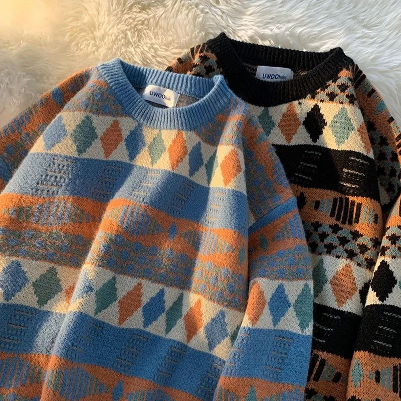 

Color Rhombus Contrast Sweater Men Women Autumn and Winter trend loose O neck lazy wind couple retro thickened sweater