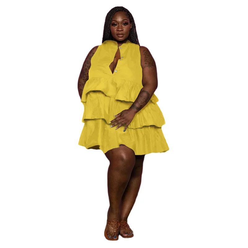 

Женское летнее платье до колен, однотонное платье без рукавов, с пуговицами и оборками, свободного кроя, 5xl, размера плюс