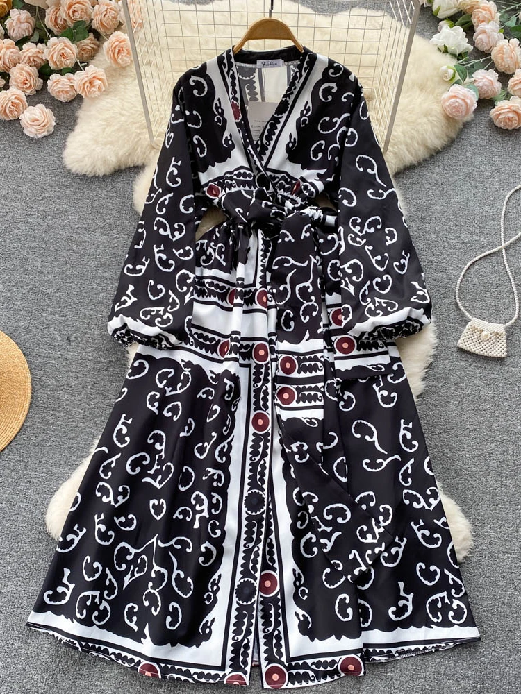 

Aibeautyer New Casual Summer Floral Print Slim Full Lady Dress A Line V Neck Chiffon Pullover Mid-Calf High Waist Women Dresses