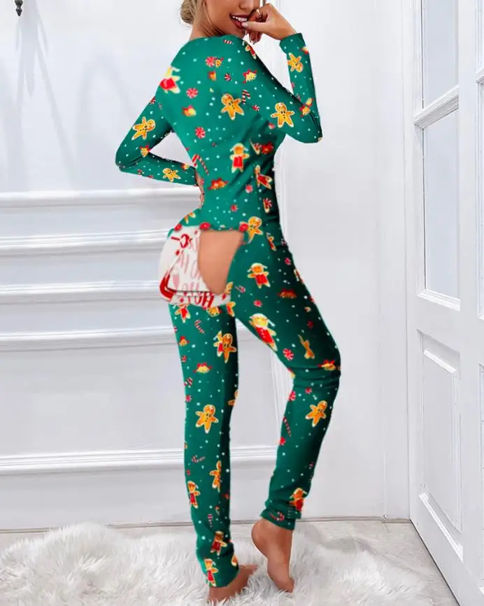 

jumpsuit women 2022 Female new causal fahsion Christmas Print Functional Buttoned Flap Adults Pajamas fall outfits women