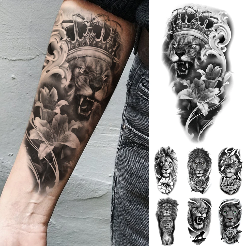 

Waterproof Temporary Tattoo Sticker Lion Family Flash Tatto Tiger Wolf Moon Crown Flower Body Art Arm Fake Tatoo Men Women