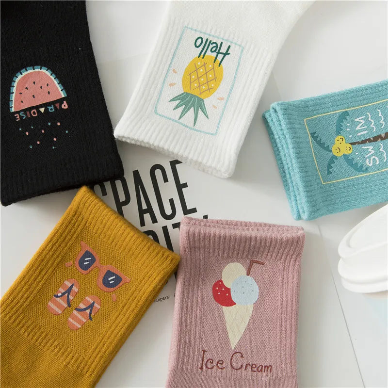5 Pairs Harajuku Kawaii Cute Hot Stamping Fruit Women Socks Sports School Wind Cartoon Casual Women's Cotton Socks