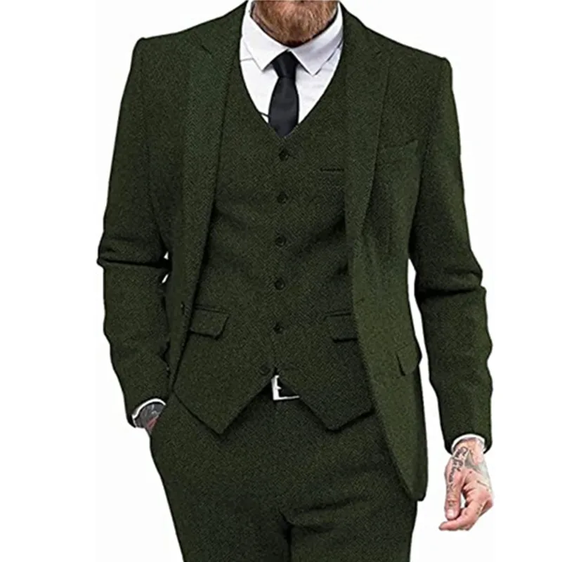 Brown 2022 Mens SuitTweed Herringbone Wedding Suit Prom Tuxedos 3 Piece Peak Lapel Tweed for autumn Slim Fit (Blazer+vest+Pants)