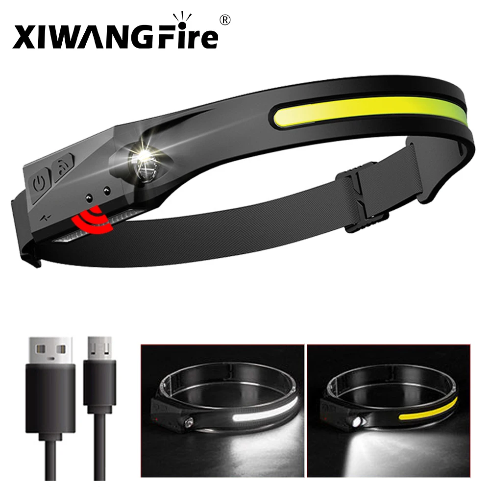 Induction Headlamp COB LED Head Lamp with Built-in Battery Flashlight USB Rechargeable Head Torch 5 Lighting Modes Head Light