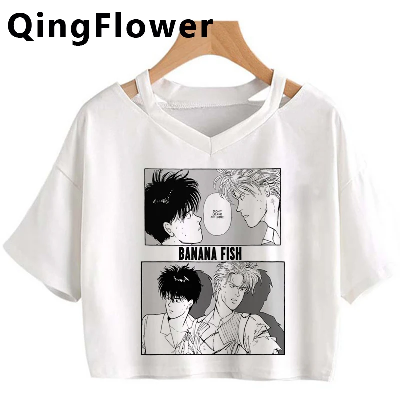 Футболка женская с забавным японским аниме принтом бананов и рыбок уличная