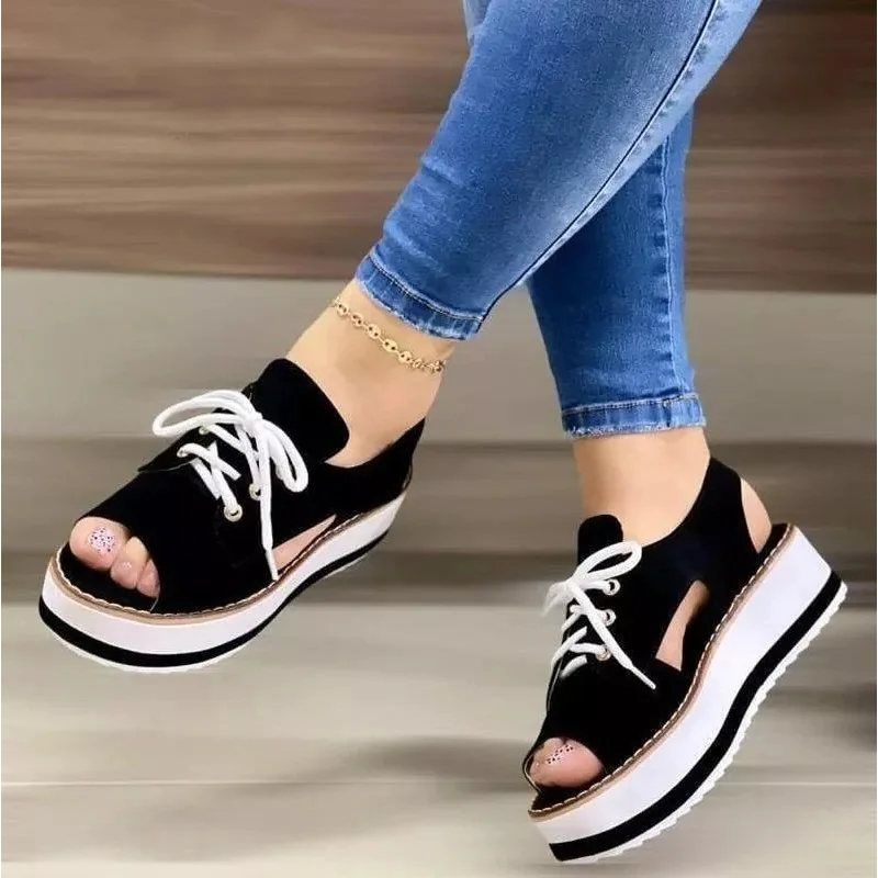 

2022 New Fashion Hollow Lace-up Flat Sandals Comfortable Plus Size Women‘s Shoes Thick Sole Plus Size Women‘s Sandals -40