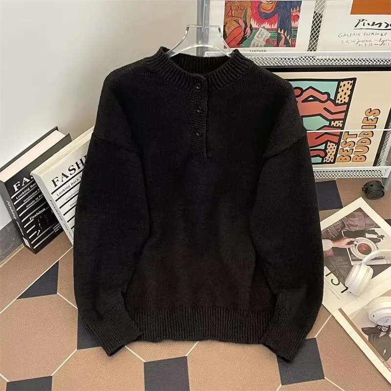 Greycleanfit Henry Collar Sweater Men's Autumn/Winter Style American Vintage Knitted Top Idle High-End Feel Jacket